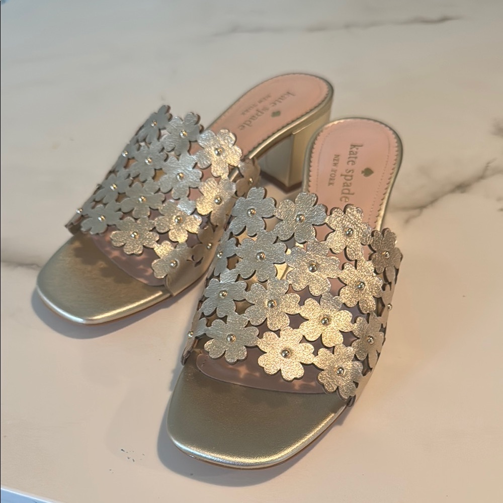 kate spade Metallic Gold Floral Leather Mules